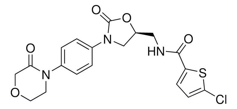 BAY 59-7939, BAY-59-7939, BAY59-7939, 5-Chloro-N-({(5S)-2-oxo-3-[4-(3-oxomorpholin-4-yl)phenyl] 1,3-oxazolidin-5-yl}methyl)thiophene-2-carboxamide, (S)-5-Chloro-N-{[2-oxo-3-[4-(3-oxomorpholin-4 yl)phenyl]oxazolidin-5-yl]methyl} thiophene-2-carboxamide