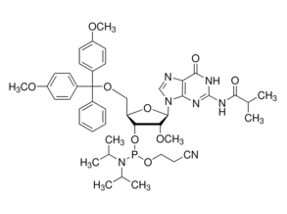 DMT-2αO-Me-rG(ib) amidite, N-(2-methyl-1-oxopropyl)-5αO-[bis(4-methoxyphenyl)phenylmethyl]-2αO-methyl-guanosine, 3α[2-cyanoethyl N,N-bis(1-methylethyl)phosphoramidite]